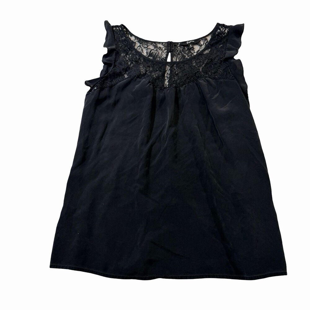 100% Silk Blouse Y2K Lace Sheer Sleeveless Express Top Women's Size M Black